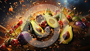 Recreation of a colour explosion of avocados and fruits