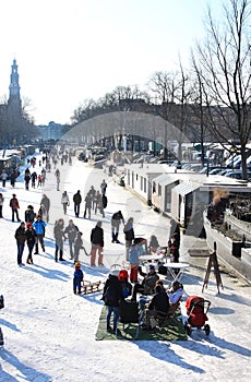 Recreation at the dutch frozen canals, Amsterdam