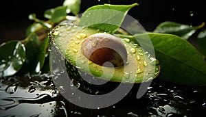 Recreation of fresh avocado cut with drops water