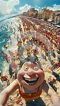 Recreation of happy boy in beach full of people in summer