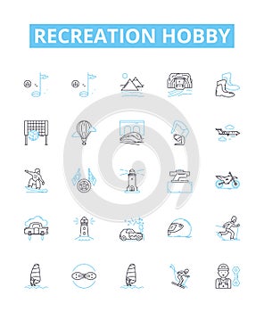 Recreation hobby vector line icons set. Sporting, Gaming, Painting, Crafting, Sewing, Reading, Fishing illustration