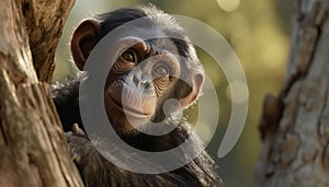 Recreation of a hominid babe as chimpanzee in a tree