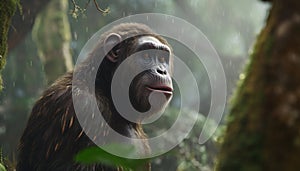 Recreation of a hominid bipedal under the rain in the jungle