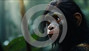 Recreation of a hominid female looking with interest in the jungle