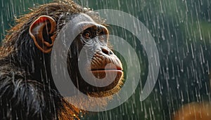 Recreation of a hominid looking the rain falls in the jungle