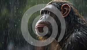 Recreation of a hominid looking the rain falls in the jungle