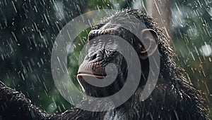 Recreation of a hominid under the rain falling in the jungle photo