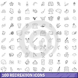 100 recreation icons set, outline style