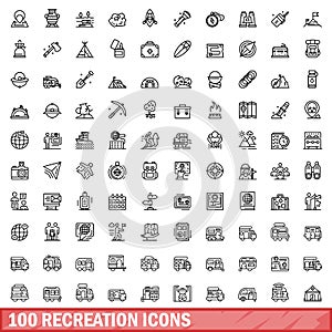 100 recreation icons set, outline style