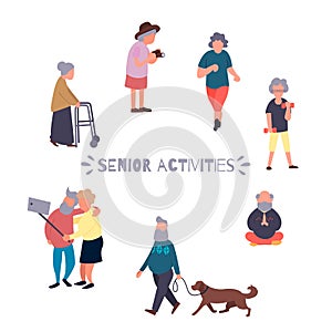 Recreation and leisure senior activities concept. Group of active old people. Elder people background. Cartoon elderly