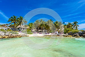 Recreation at paradise beach resort with turquoise waters of Caribbean Sea at Tulum, close to Cancun, Riviera Maya, tropical