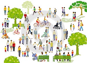 Recreation in the park with families and other people, illustration