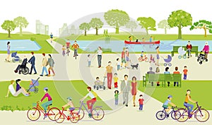 Recreation in the park with families and other people, illustration