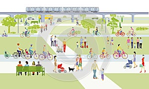 Recreation in the park with families and other people, illustration
