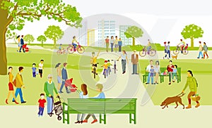 Recreation in the park with families and other people, illustration