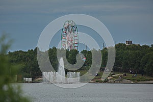 Recreation park and fountain in the city of Murmansk, Russia.