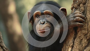 Recreation portrait of a nice baby hominid in the jungle