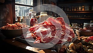 Recreation of raw pig meat in a kitchen