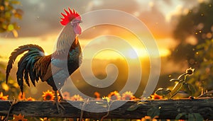 Recreation of a rooster singing at dawn in a farm