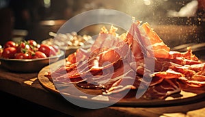 Recreation of spanish ham in a wood plate