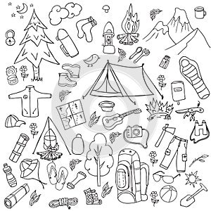 Recreation. Tourism and camping set. Hand drawn doodle Elements - vector illustration