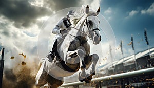 Recreation of white horse running with a jockey on a racecourse. Artificial Intelligence