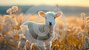 Recreation of a white lamb in a field, lamb of God