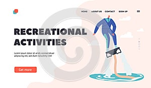 Recreational Activities Landing Page Template. Extreme Water Sports. Fly Board Rider Making Stunts, Summer Vacation Fun