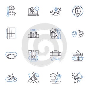 Recreational activities line icons collection. Hiking, Camping, Swimming, Biking, Running, Fishing, Hunting vector and