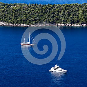 Recreational boats beside Lokrum island in Dubrovnik coast, Croatia