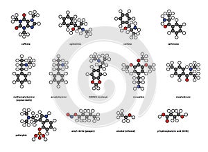 Recreational drugs: caffeine, ephedrine, cathine, cathinone, methamphetamine (crystal meth), amphetamine, MDMA (ecstasy),