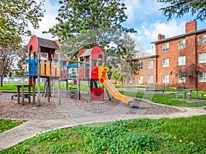 Recreational equipments of a children`s playgrounds in Melbourne`s residential neighbourhood. North Melbourne, VIC Australia