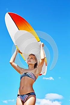 Recreational Summer Water Sports. Surfing. Woman With Surfboard