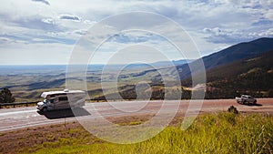 A recreational vehicle on Bighorn Scenic Byway Wyoming