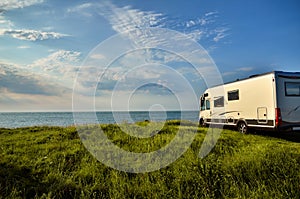 Recreational vehicle in a meadow