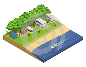 Recreational Vehicles On Beach Isometric Composition