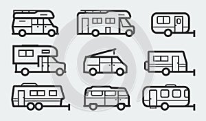 Recreational vehicles camper vans icons in outline style