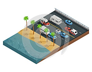 Recreational Vehicles On Road Isometric Composition