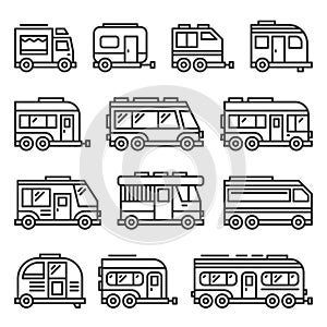 Recreational Vehicles RV Camper Vans Icons Set on White Background. Line Style Vector