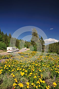 Recreational vehicles on scenic mountain road
