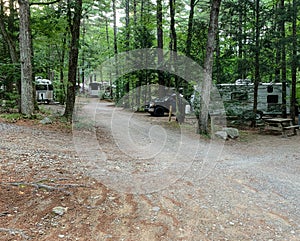 Recreational vehicles in a Shaded campground