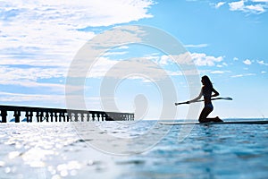 Recreational Water Sports. Woman Silhouette On Surfboard In Ocean. Wellness