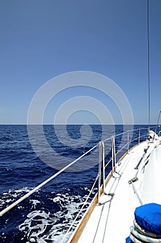 Recreational yacht trip, view of the bow portside, on a very sunny day on the Atlantic Ocean nearby Canary Islands, Spain