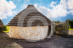 Recreations of houses used by builders of ancient Stonehenge for celebrations and rituals dating from about 2500 BC Britain