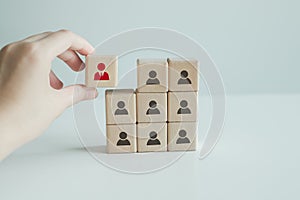 Recruiter complete team by one leader person, professional staff research, hand hold red people icon on cube.