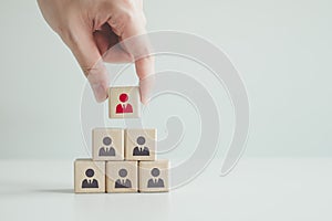 Recruiter complete team by one leader person, professional staff research, hand hold red people icon on cube.