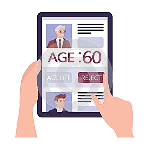 Recruitment ageism concept. HR specialist reject an old man cv.