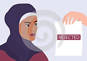 Recruitment ageism concept. HR specialist reject young muslim woman cv