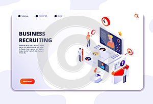 Recruitment agency landing pad. Human resources online recruitment and hiring 3d isometric vector concept