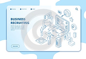 Recruitment agency landing page. Candidate and employer, human resources online recruitment and hiring 3d isometric